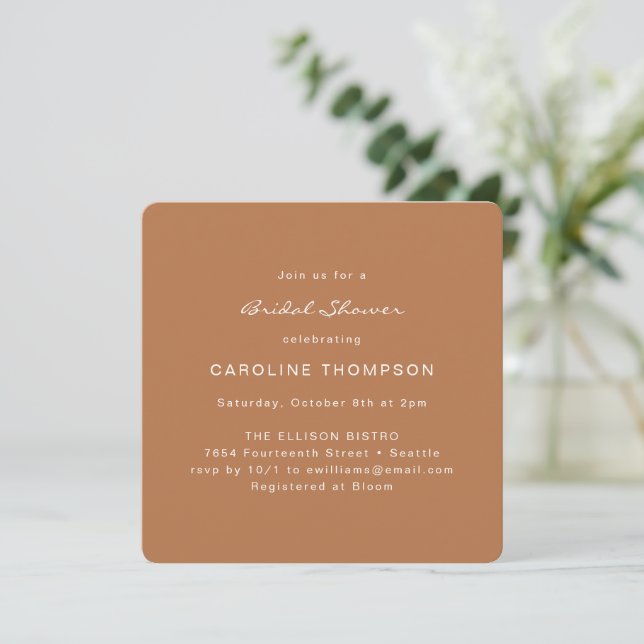 Modern Minimalist Bridal Shower Square Terracotta Invitation (Standing Front)