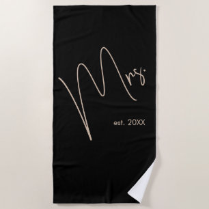 Modern Minimalist Bride   Black + Beige Script Beach Towel