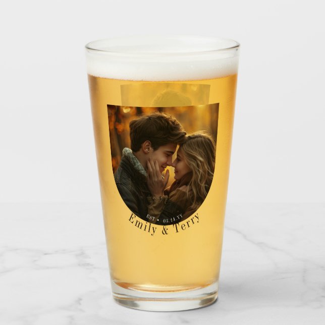 Modern Minimalist Bride & Groom Wedding Photo Beer Glass (Front Filled)