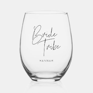 Modern minimalist Bride Tribe custom Stemless Wine Glass