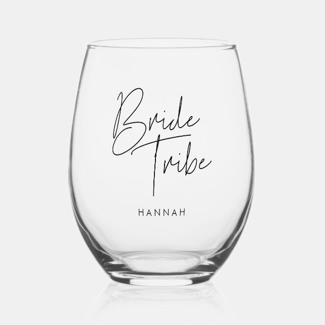 Modern minimalist Bride Tribe custom Stemless Wine Glass (Front)