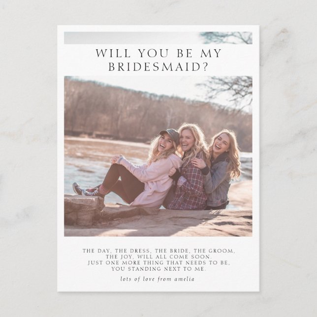 Modern Minimalist Bridesmaid Poem & Photo Announcement Postcard (Front)