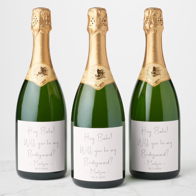 Modern Minimalist Bridesmaid Proposal Script Blush Sparkling Wine Label (Bottles)