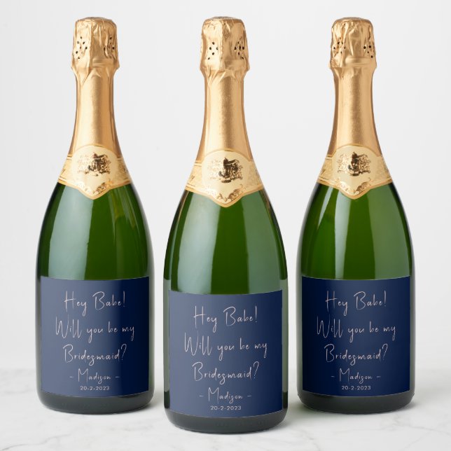 Modern Minimalist Bridesmaid Proposal Script Navy Sparkling Wine Label (Bottles)