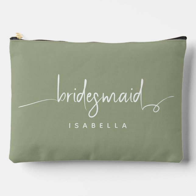 Modern Minimalist Bridesmaid Script Sage Green Accessory Pouch (Front)