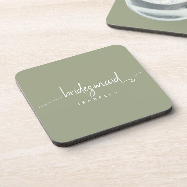 Modern Minimalist Bridesmaid Script Sage Green Coaster (Left Side)