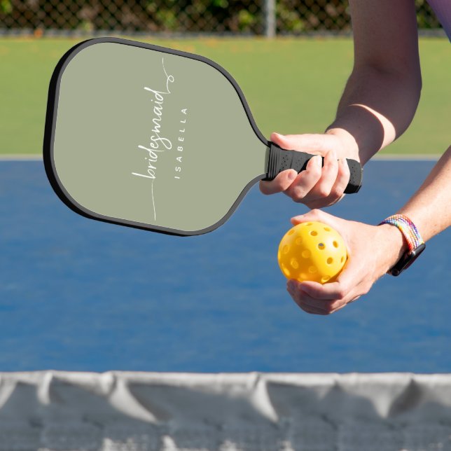 Modern Minimalist Bridesmaid Script Sage Green Pickleball Paddle (Insitu)