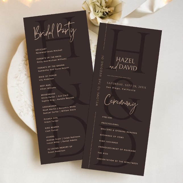 Modern Minimalist Brown Monogram Wedding Programme (Modern minimalist brown monogram wedding program adds a warm, elegant touch to your ceremony.)