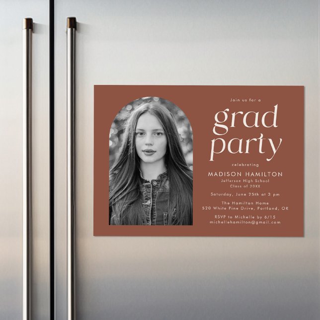 Modern Minimalist Brown Photo Graduation Party Magnetic Invitation (Creator Uploaded)