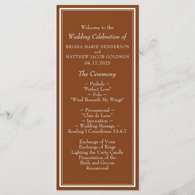 Modern Minimalist Brown Wedding Program Programme (Front)