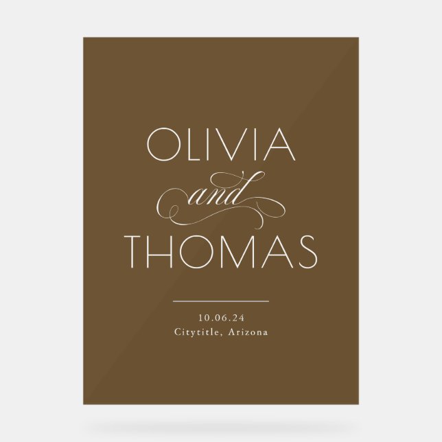 Modern Minimalist Brown Wedding Welcome Acrylic Sign (Front)