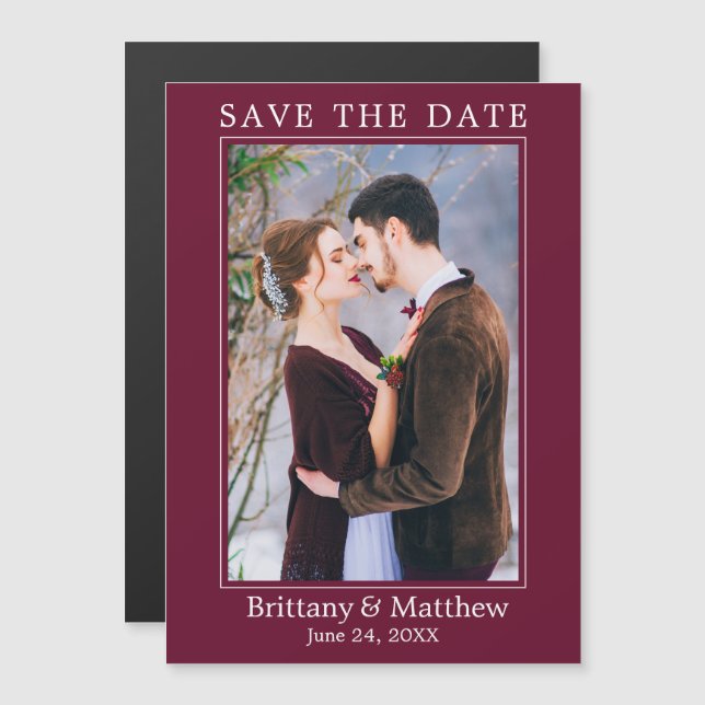 Modern Minimalist Burgundy Magnetic Save the Date (Front/Back)