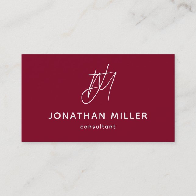 Modern Minimalist Burgundy Monogram Business Card (Front)