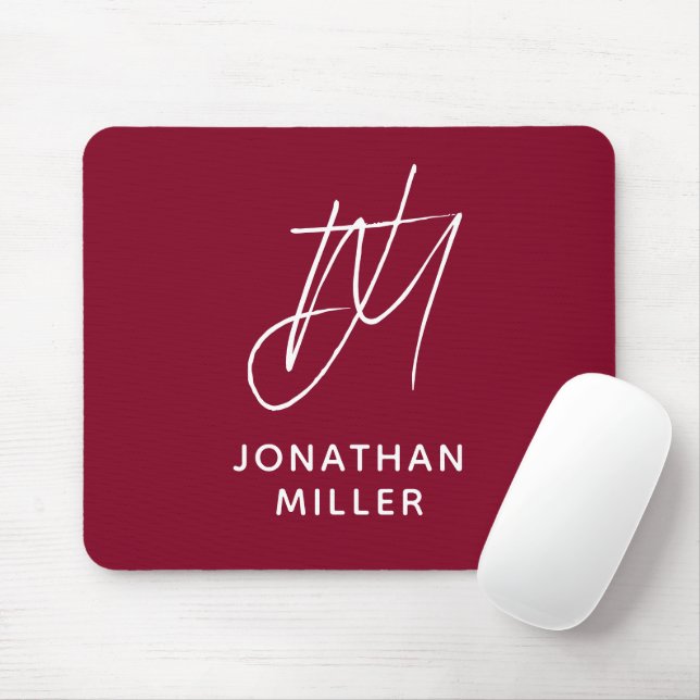 Modern Minimalist Burgundy Monogram Mouse Mat (With Mouse)