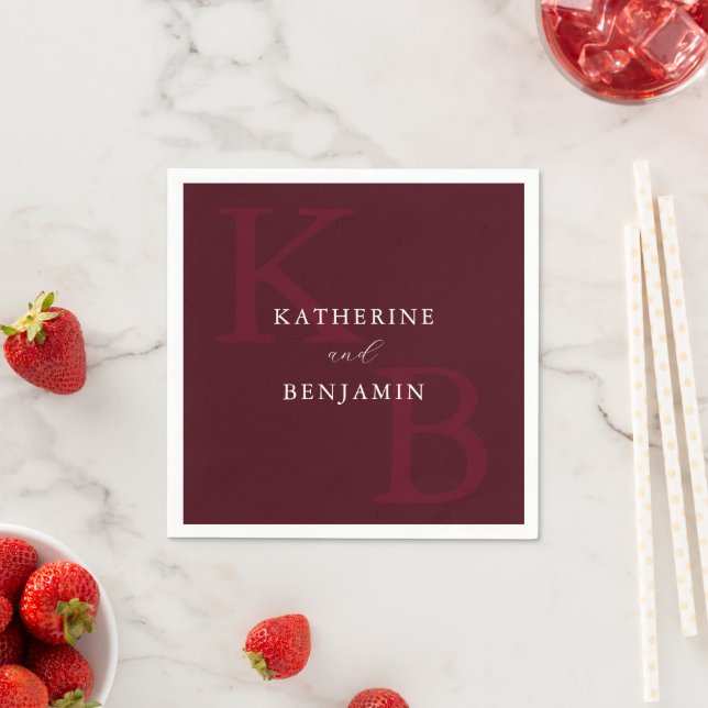 Modern Minimalist Burgundy Monogram Wedding Napkin (Insitu)