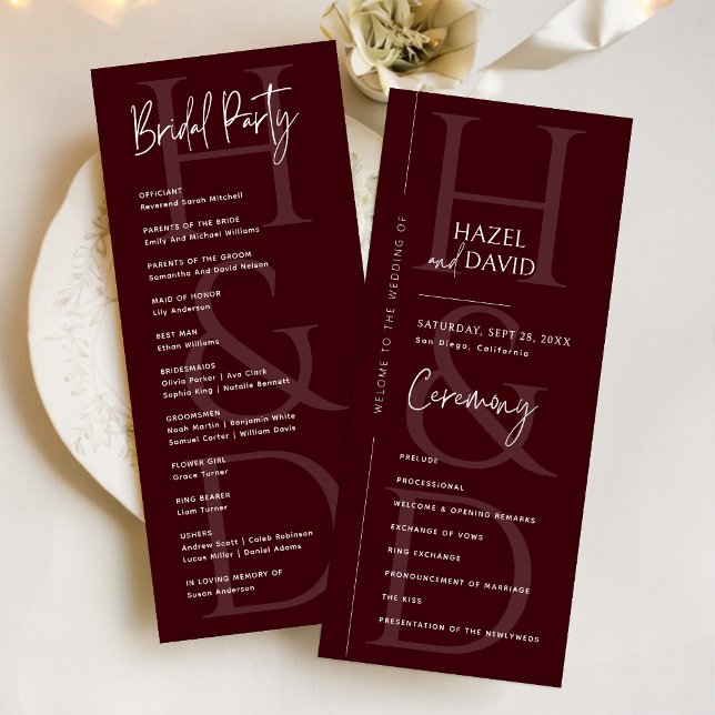 Modern Minimalist Burgundy Monogram Wedding Programme (Creator Uploaded)