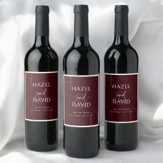 Modern Minimalist Burgundy Monogram Wedding Wine Label