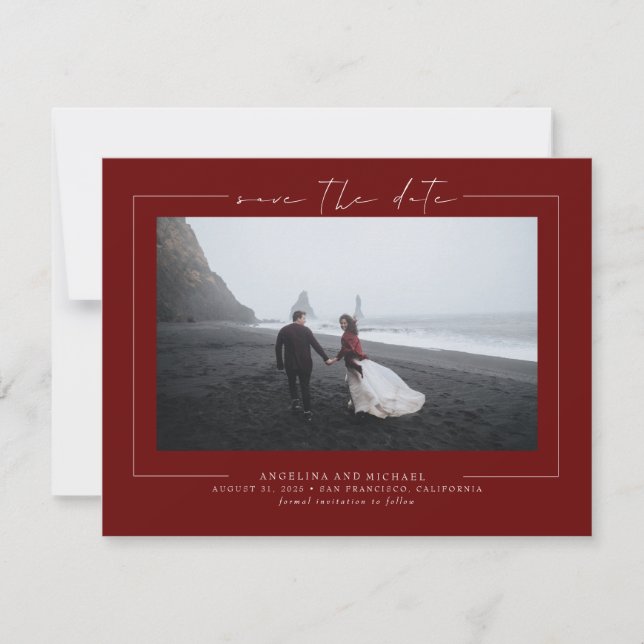 Modern Minimalist Burgundy Red Save the Date Photo (Front)