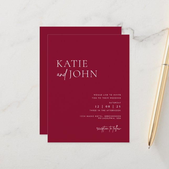 Modern Minimalist Burgundy Red Wedding Announcement Postcard (Front/Back In Situ)