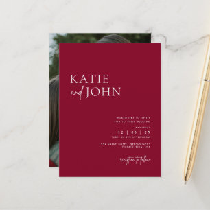Modern Minimalist Burgundy Red Wedding Photo  Announcement Postcard