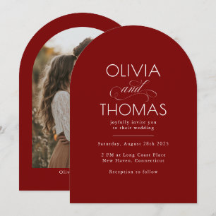Modern Minimalist Burgundy Red Wedding Photo Invitation