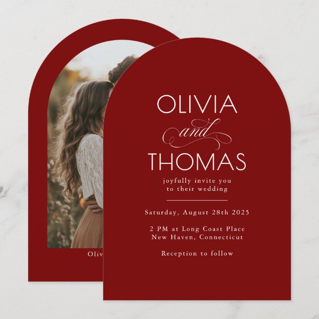 Modern Minimalist Burgundy Red Wedding Photo Invitation (Front/Back)
