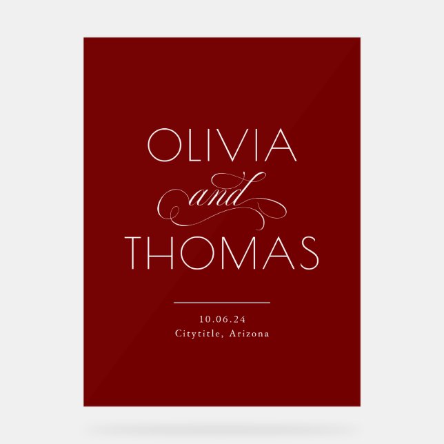 Modern Minimalist Burgundy Red Wedding Welcome Acrylic Sign (Front)