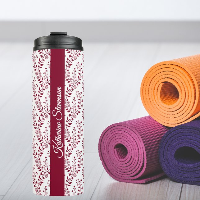 Modern Minimalist Burgundy Red White Floral Script Thermal Tumbler (Creator Uploaded)