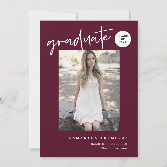 Modern Minimalist Burgundy School Grad Party Photo Invitation (Front)