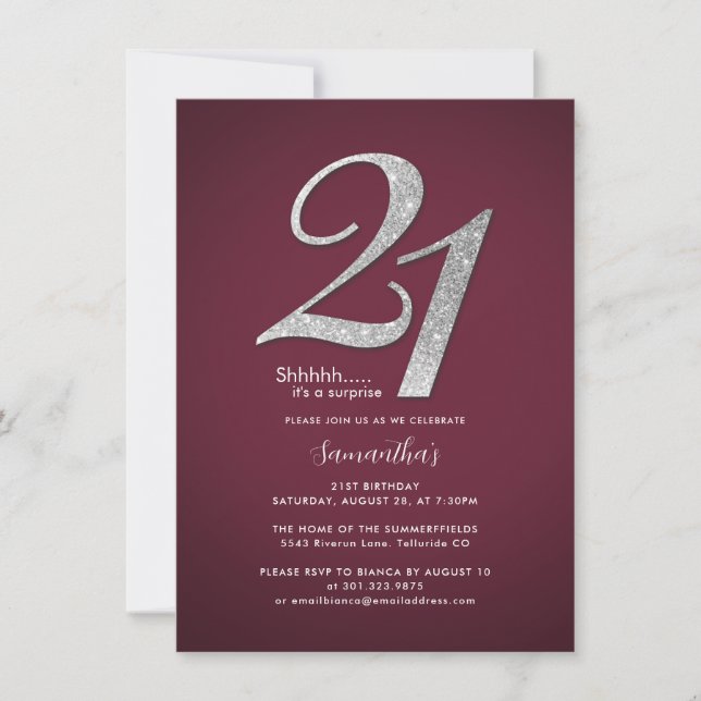 Modern Minimalist Burgundy Surprise 21st Birthday Invitation (Front)