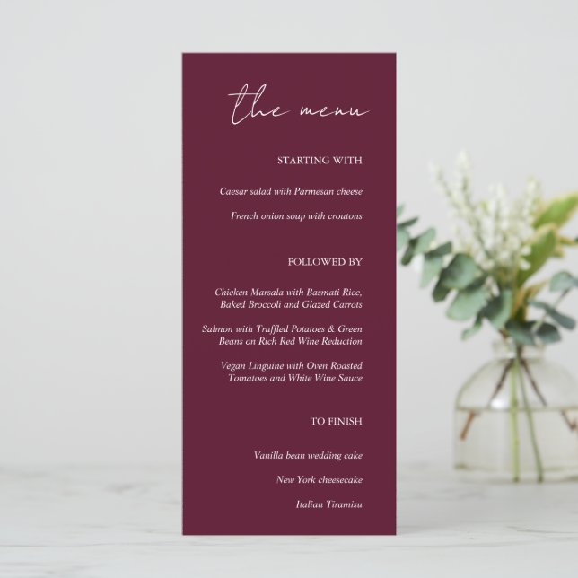Modern Minimalist Burgundy Wedding Dinner Menu (Standing Front)