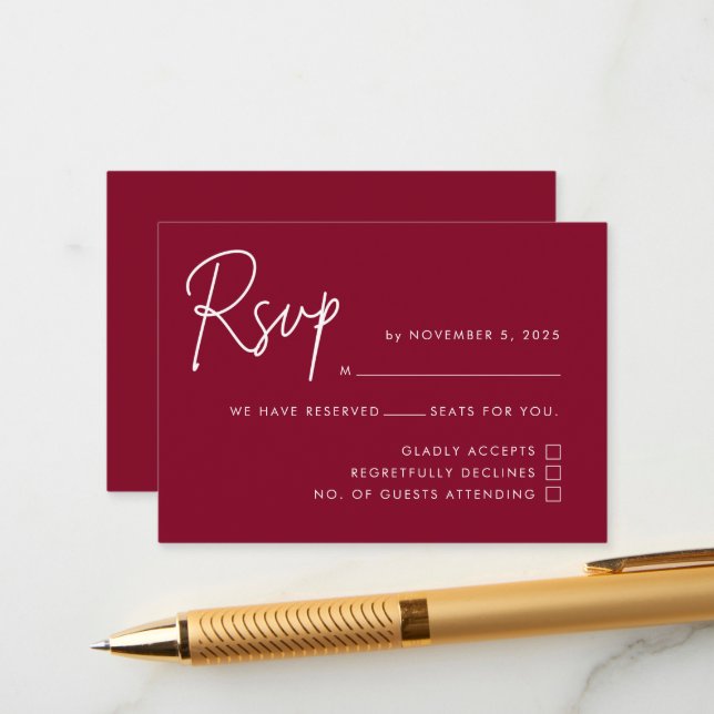 Modern Minimalist Burgundy Wedding RSVP Enclosure Card (Front/Back In Situ)
