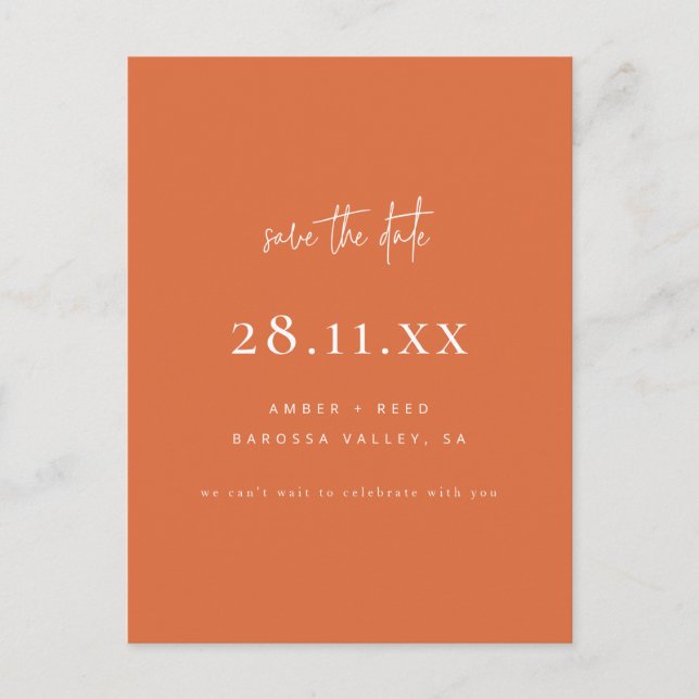Modern Minimalist Burnt Orange Save the Date Announcement Postcard (Front)