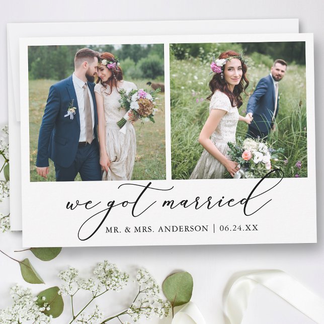 Modern Minimalist Calligraphy 2 Photos Wedding Announcement (Customize to add text or more photos to back of card.)