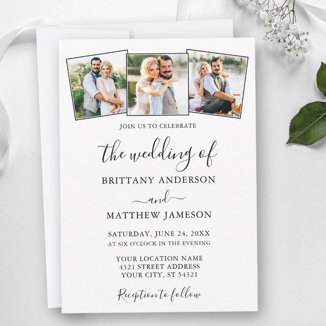 Modern Minimalist Calligraphy 3 Photo Wedding Invitation (Customize to change text size or text style.)
