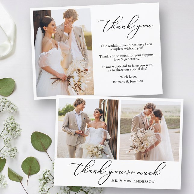 Modern Minimalist Calligraphy 3 Photo Wedding Thank You Card (Customize to change your personalized text style, size or color.)