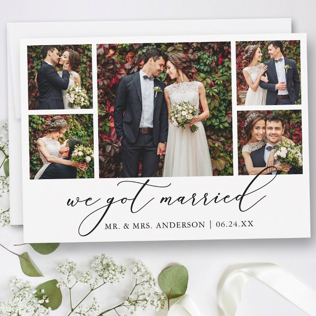 Modern Minimalist Calligraphy 5 Photos Wedding Announcement (Customize to add text or more photos to back of card.)