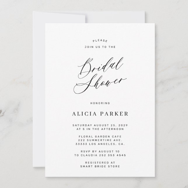 Modern minimalist calligraphy bridal shower invitation (Front)