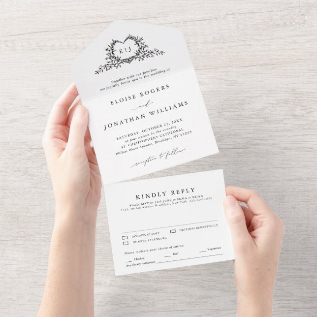 Modern Minimalist Calligraphy Crest monogram Chic All In One Invitation (Tearaway)