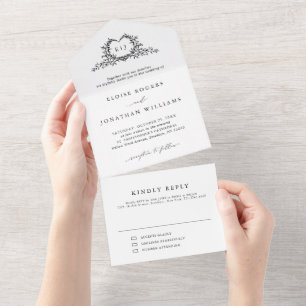 Modern Minimalist Calligraphy Crest monogram Chic  All In One Invitation