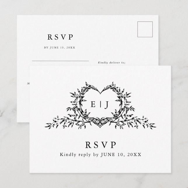 Modern Minimalist Calligraphy Crest monogram RSVP Postcard (Front/Back)