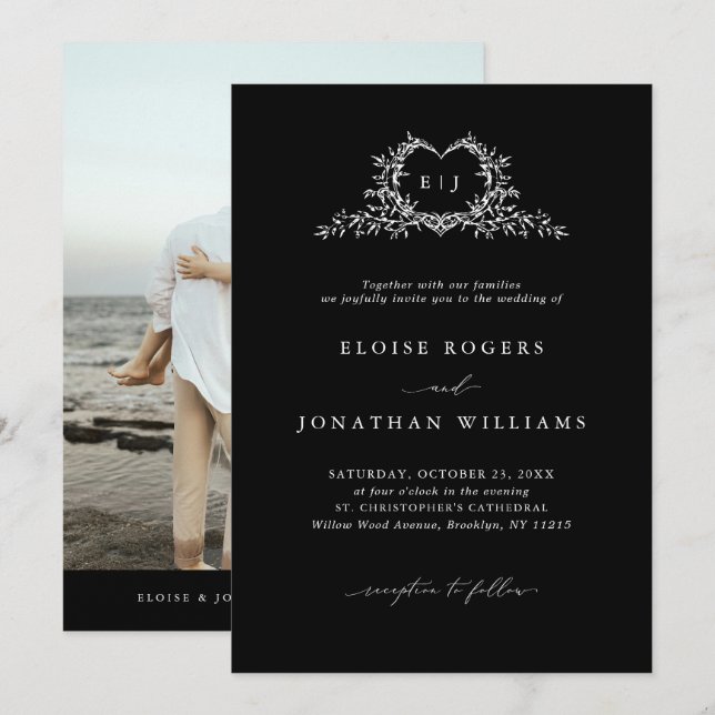 Modern Minimalist Calligraphy Crest Photo Wedding Invitation (Front/Back)