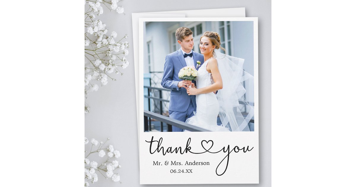 Modern Minimalist Calligraphy Heart Wedding Photo Thank You Card | Zazzle