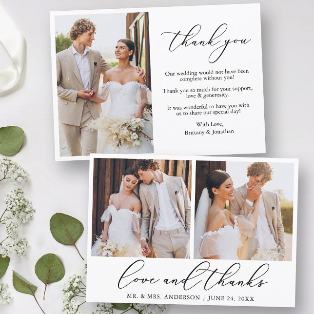 Modern Minimalist Calligraphy Love 3 Photo Wedding Thank You Card (Customize to change your personalized text style, size or color.)