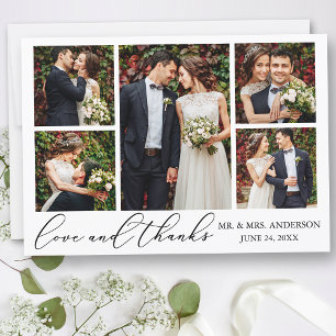 Modern Minimalist Calligraphy Love Wedding 5 Photo Thank You Card