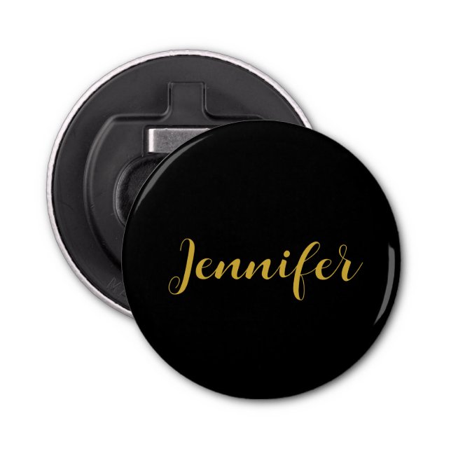 Modern Minimalist Calligraphy Name Black Gold Bottle Opener (Front)