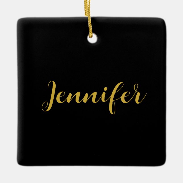 Modern Minimalist Calligraphy Name Black Gold Ceramic Ornament (Front)