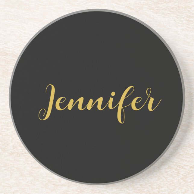 Modern Minimalist Calligraphy Name Black Gold Coaster (Front)