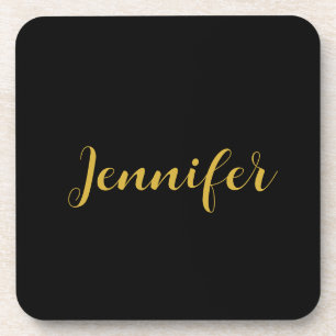 Modern Minimalist Calligraphy Name Black Gold Coaster