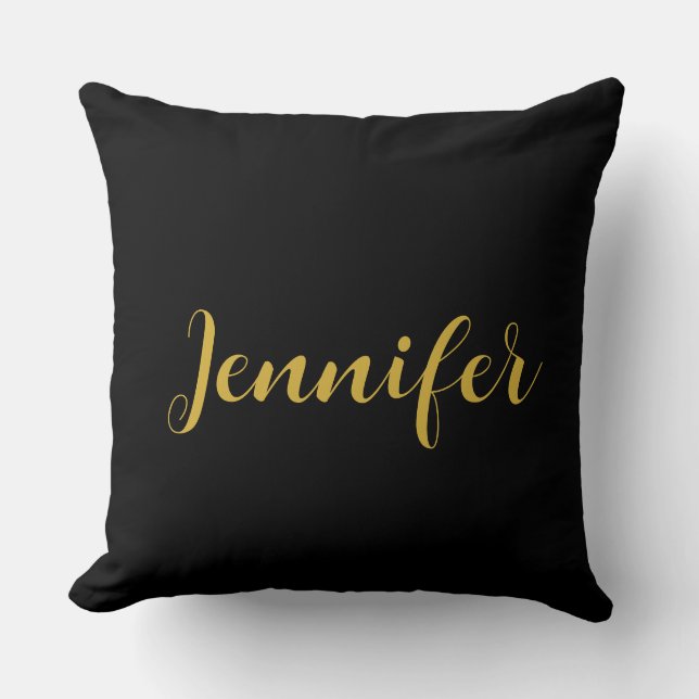 Modern Minimalist Calligraphy Name Black Gold Cushion (Front)